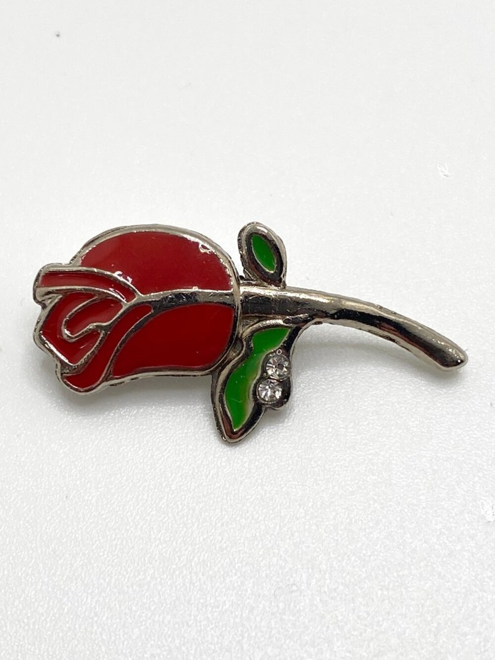 Vintage Brooch Enamel Red Rose Silver Metal Rhinestone Romantic Retro MCM Floral